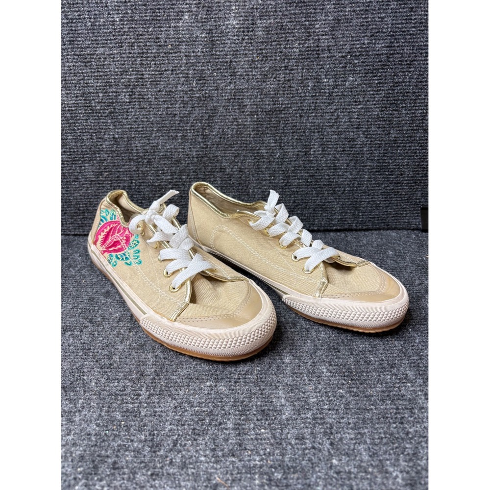 Old Navy Womens Tan Canvas Floral Rose Embroidered Low Top Sneakers Gold Trim 7
